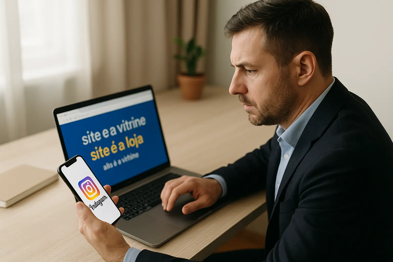 Instagram é vitrine, site é a loja - ilustração empresarial